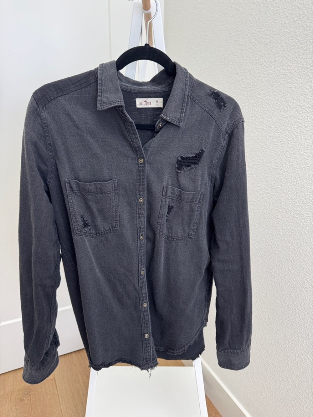 Hollister Women’s Distressed Charcoal Black Button-Down Shirt